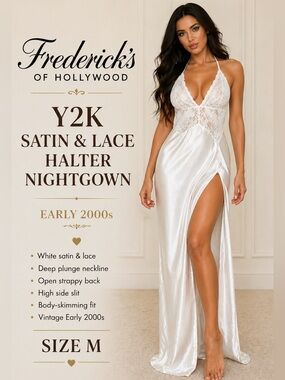 Y2K Fredericks White Satin Lace Backless Nightgown Bridal M